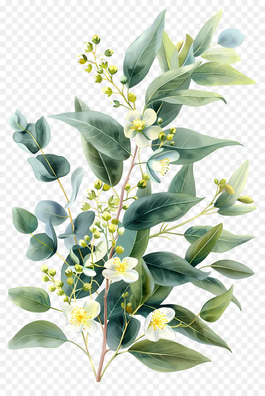 Rama De Eucalipto，Hojas Verdes Con Flores Blancas PNG