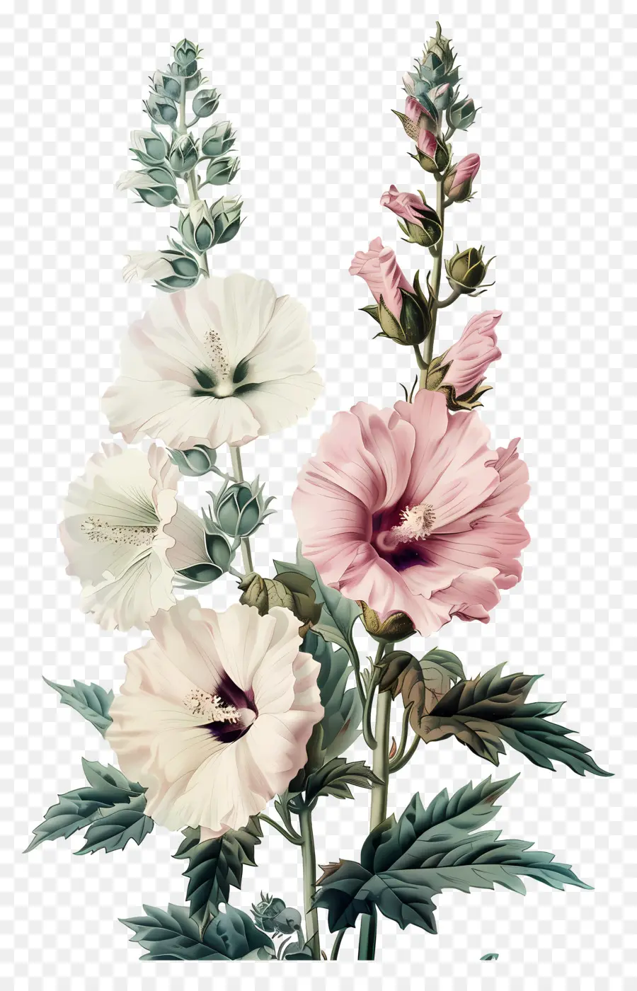 Flores Antiguas，Malvarrosas Blancas Y Rosas PNG