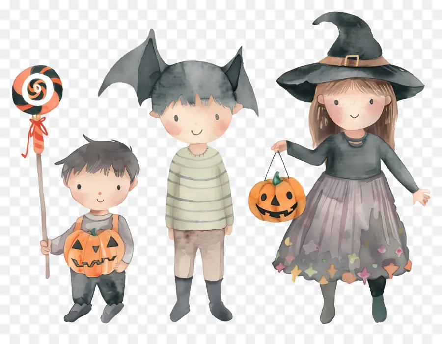 Niños De Halloween，Niños Disfrazados De Halloween Con Calabazas PNG