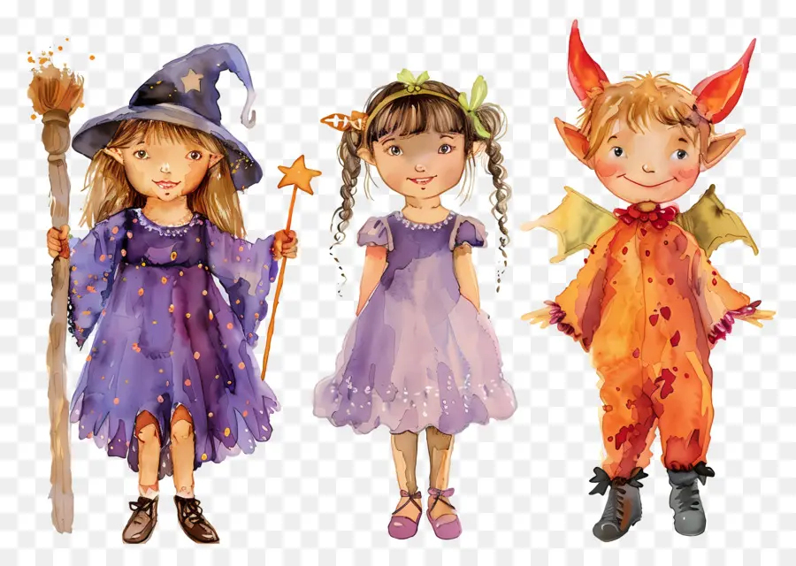 Niños De Halloween，Niños Disfrazados De Brujas Y Demonios PNG