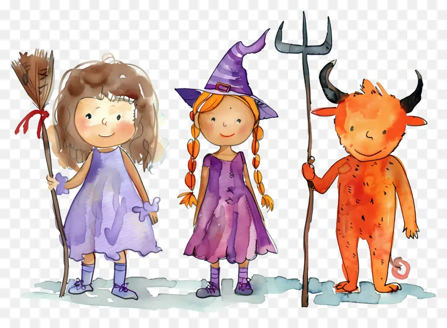 Niños De Halloween，Niños Disfrazados De Brujas Y Demonios PNG