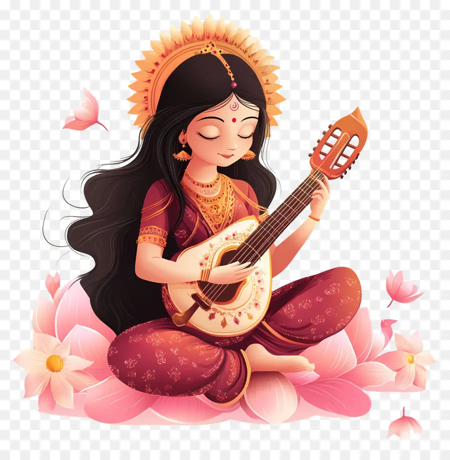 Saraswati，Mujer Tocando La Guitarra PNG