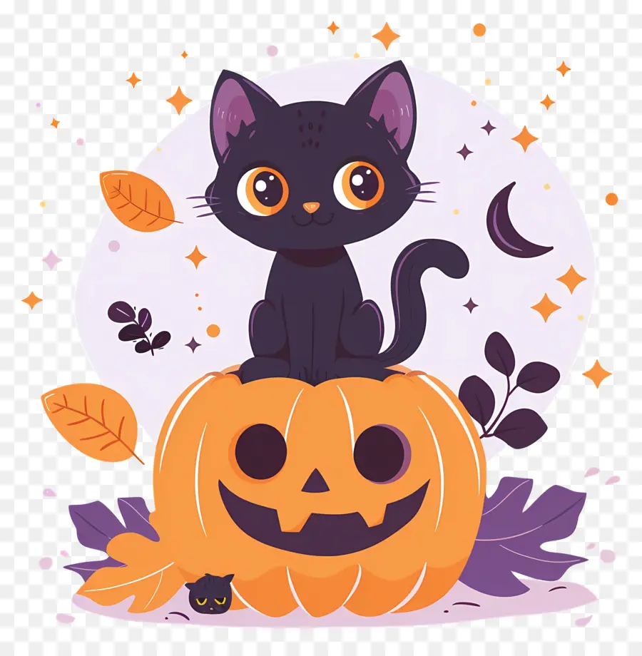 Gato De Halloween，Gato Negro Sobre Calabaza PNG