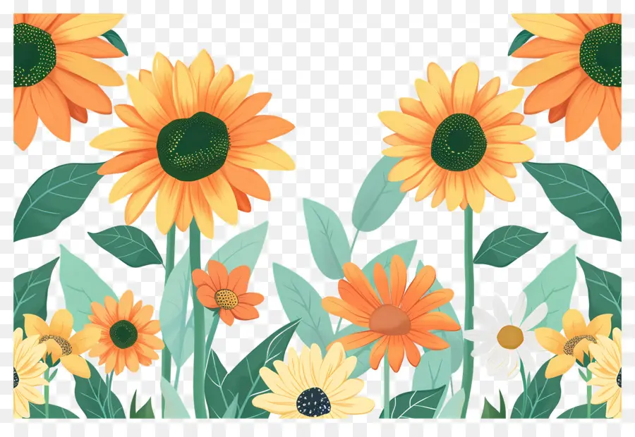 Frontera De Girasoles，Girasoles Con Flores Azules PNG