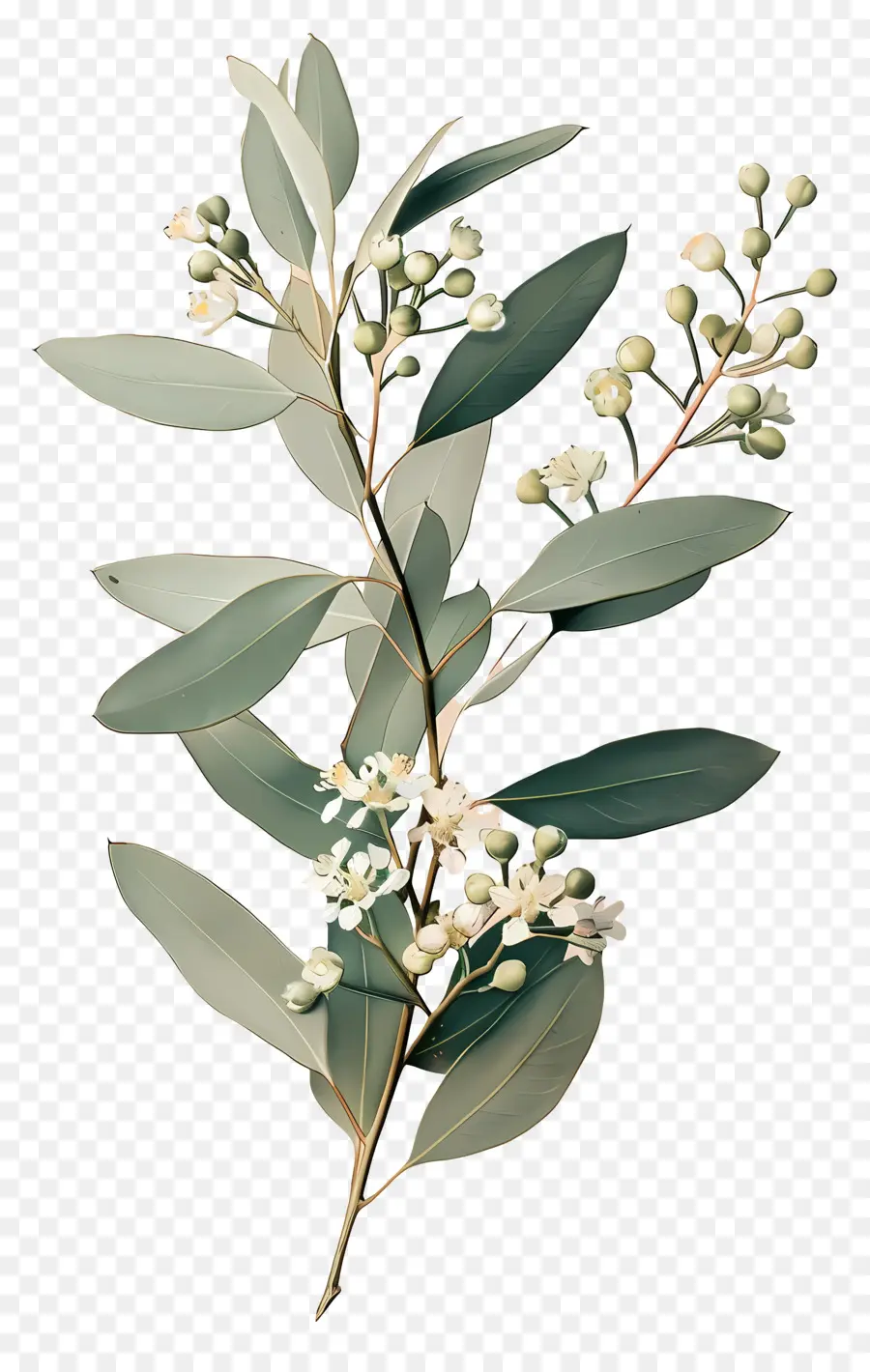 Rama De Eucalipto，Hojas Verdes Con Flores Blancas PNG