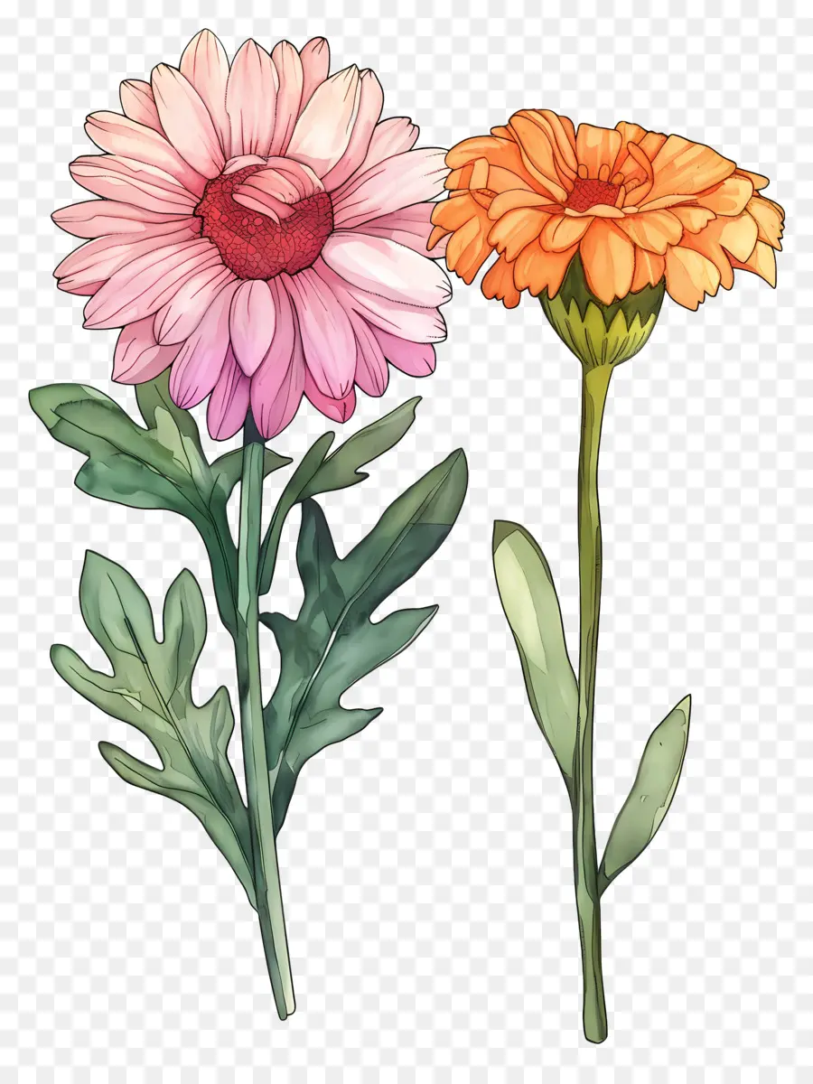 Flores Antiguas，Flores Rosas Y Naranjas PNG