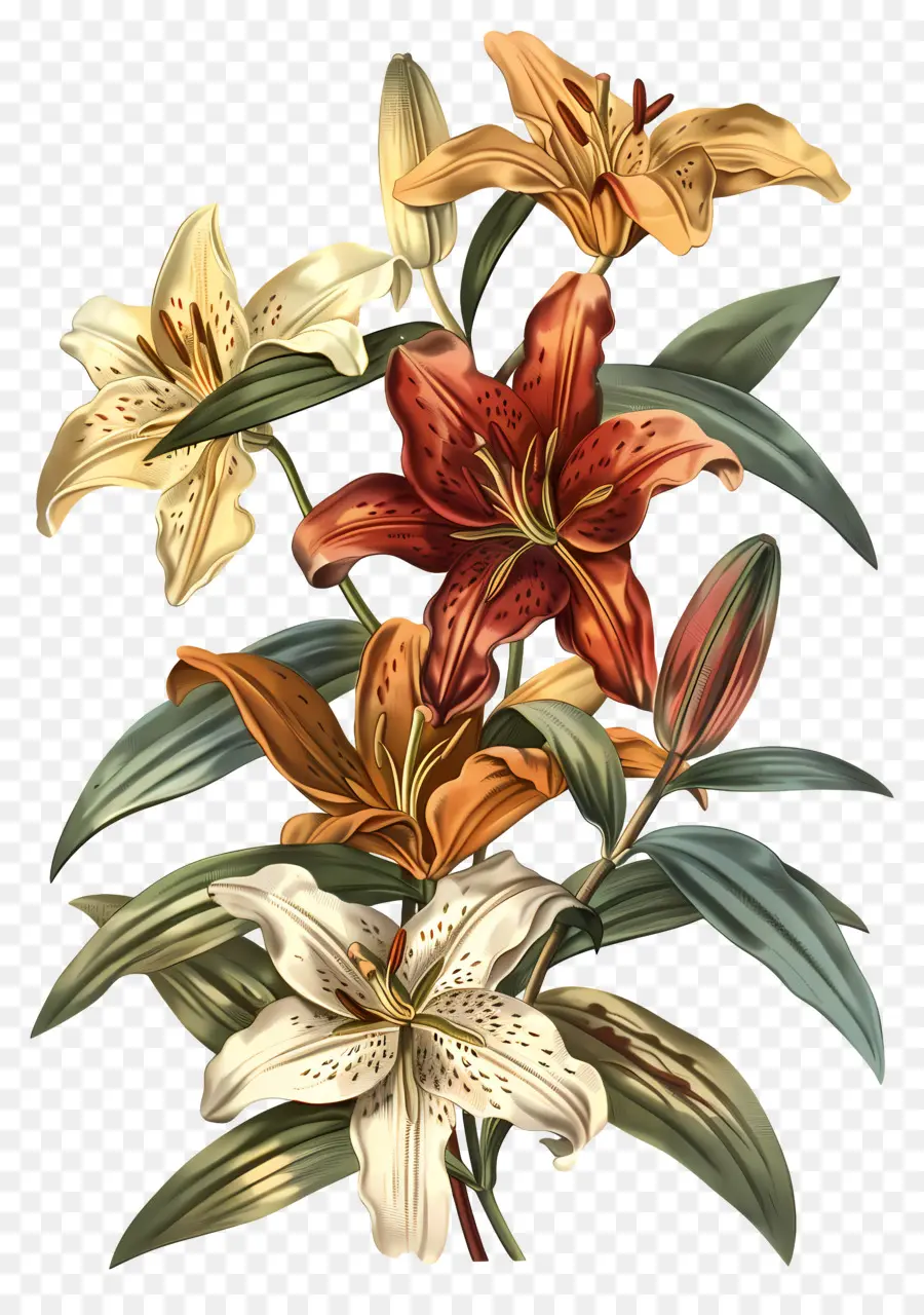 Flores Vintage，Lirios Naranjas PNG