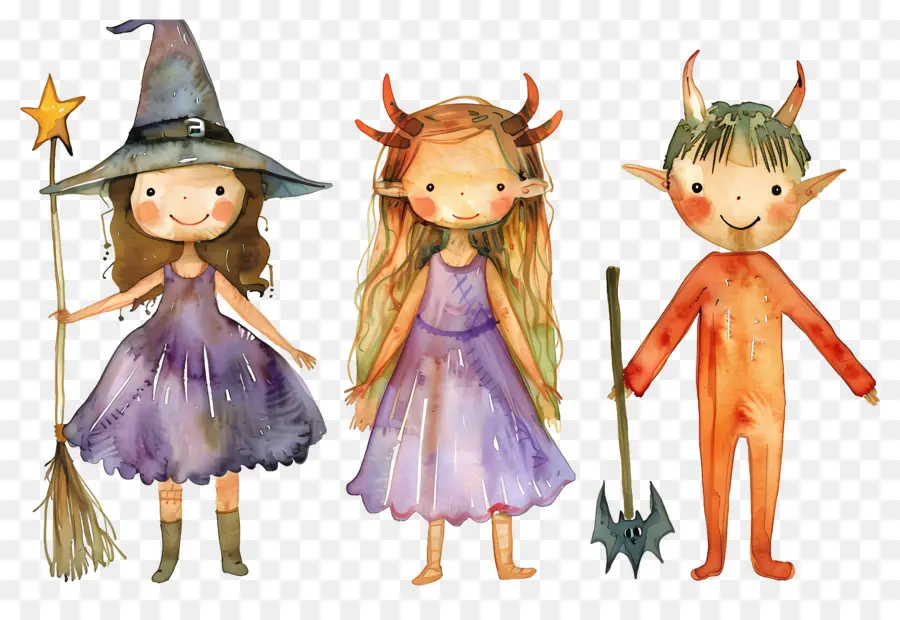 Niños De Halloween，Niños Disfrazados De Brujas Y Demonios PNG