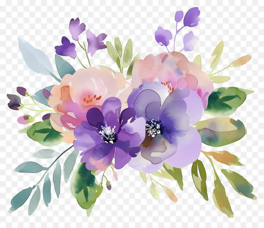 Flores De Acuarela，Flores Moradas Y Durazno PNG