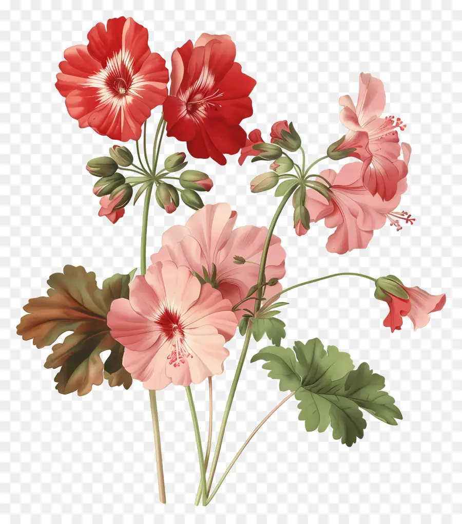 Flores Antiguas，Geranios Rojos Y Rosados PNG