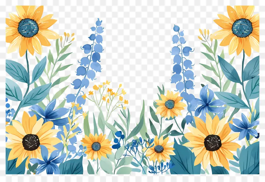 Frontera De Girasoles，Girasoles Con Flores Azules PNG