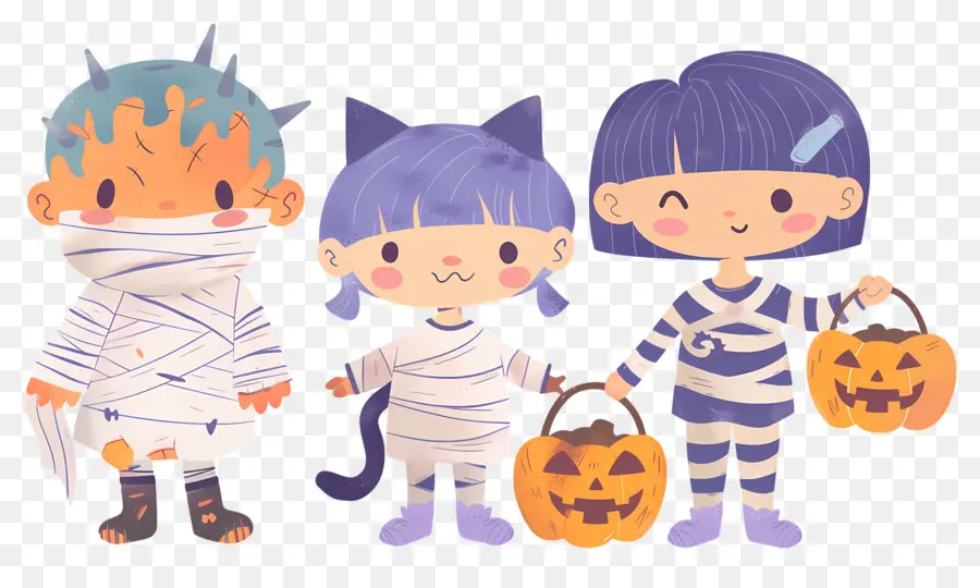 Niños De Halloween，Niños Disfrazados De Momia Y Gato PNG