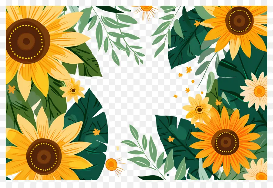 Marco De Girasoles，Girasoles Y Hojas PNG