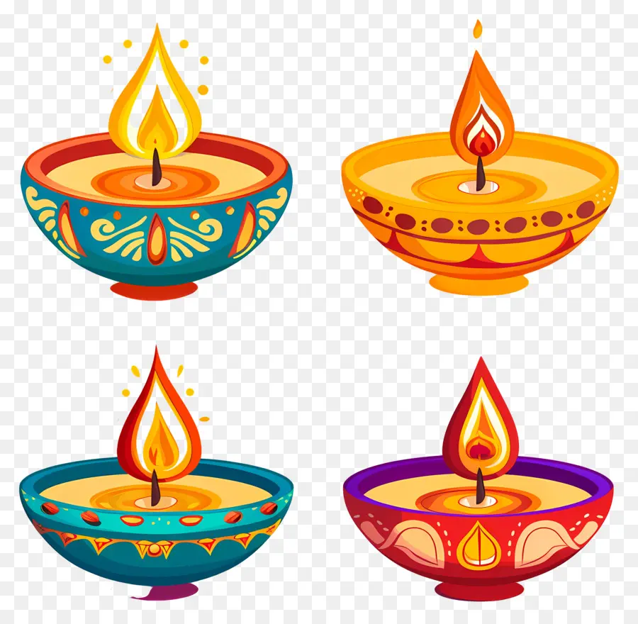 Vela Diwali，Diyas Coloridas PNG