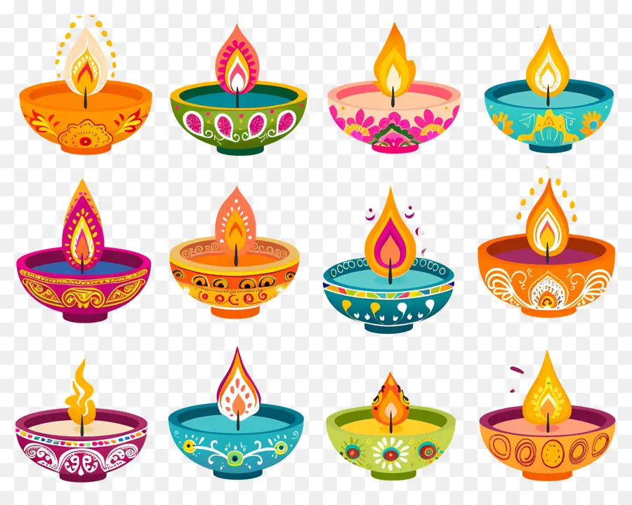 Vela Diwali，Diyas Coloridas PNG