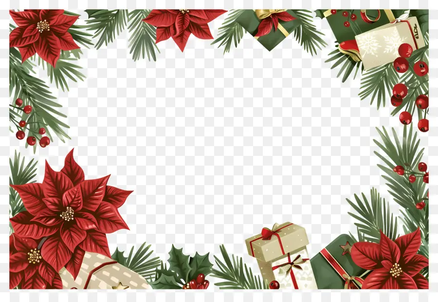 Fondo De Navidad，Marco Navideño Con Regalos Y Flores De Pascua PNG