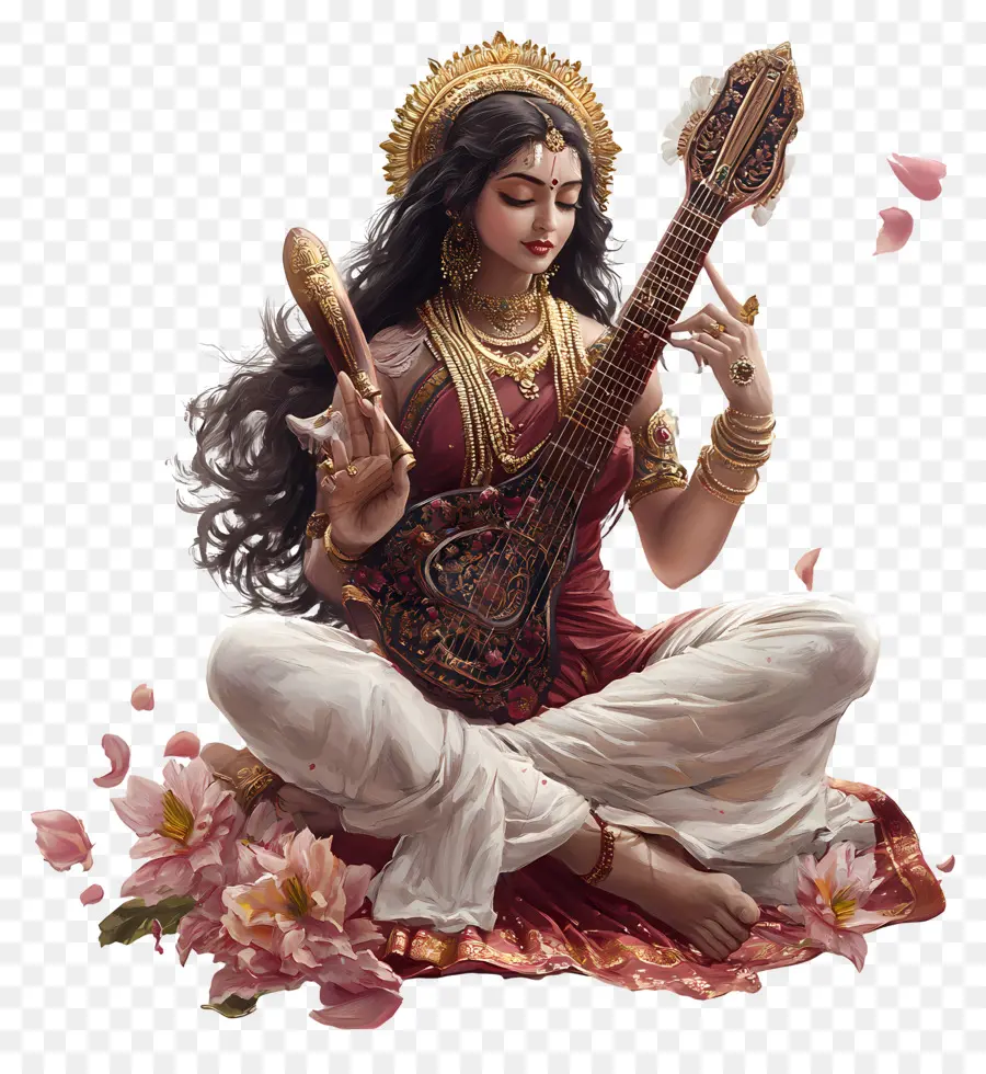 Saraswati，Diosa Con Veena PNG