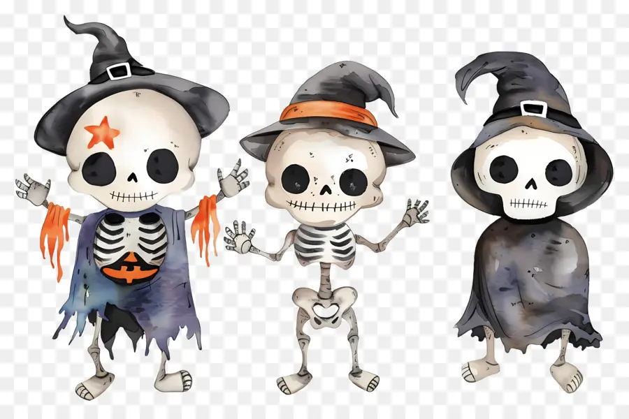 Esqueletos De Halloween，Esqueletos Con Sombreros De Bruja PNG