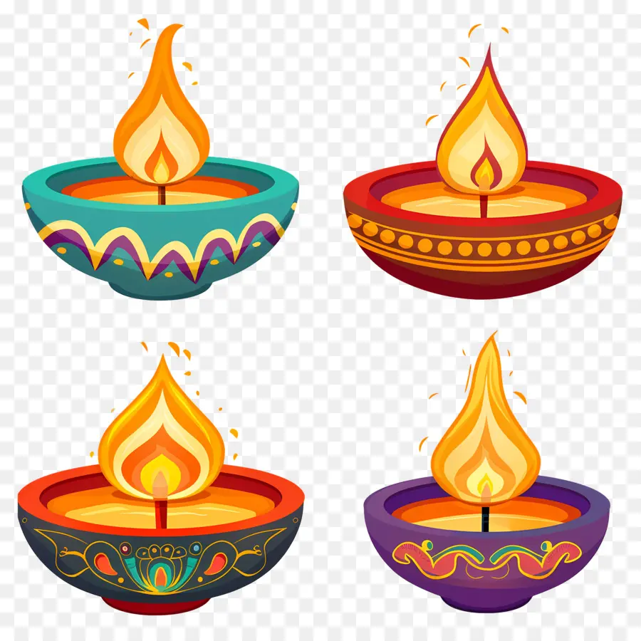 Vela Diwali，Diyas Coloridas PNG