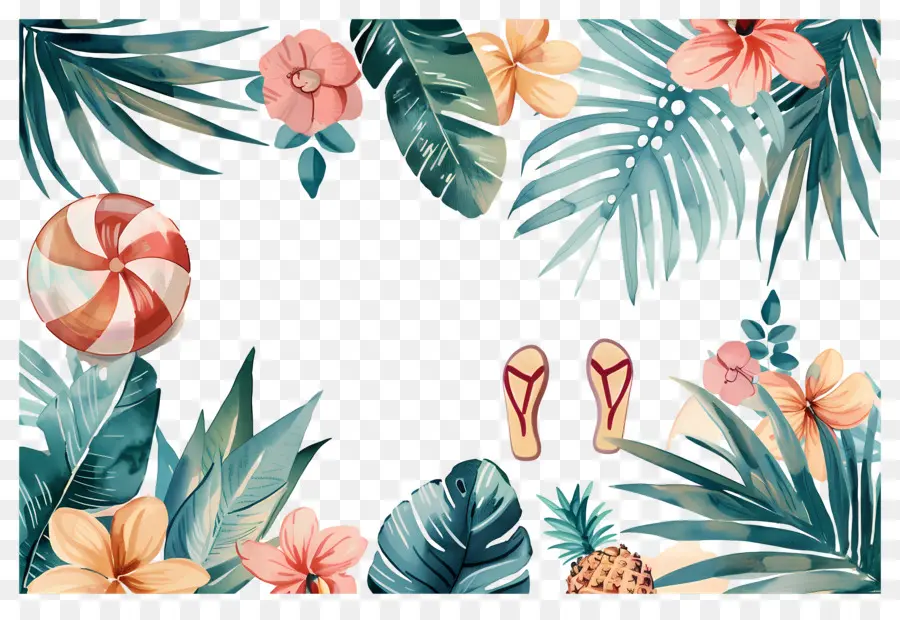 Fondo De Verano，Hojas Y Flores Tropicales PNG