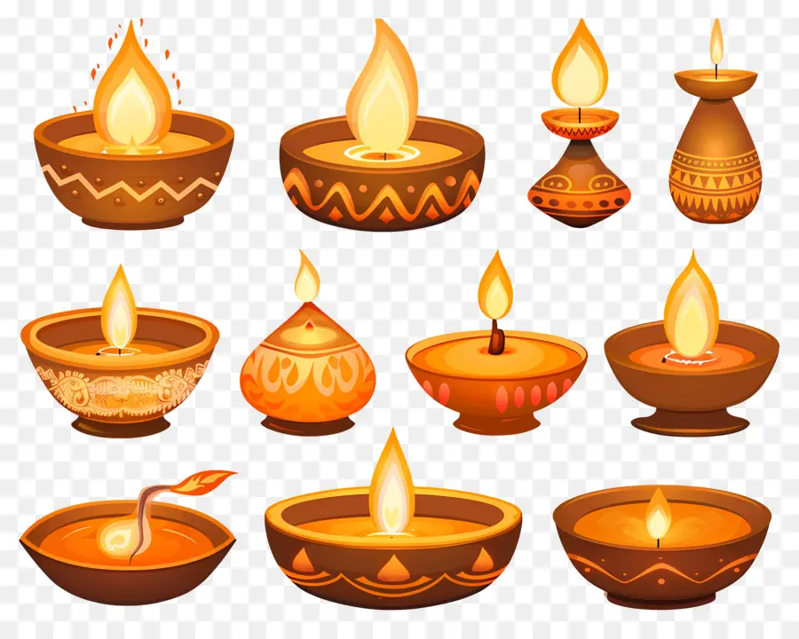 Vela Diwali，Diyas Coloridas PNG