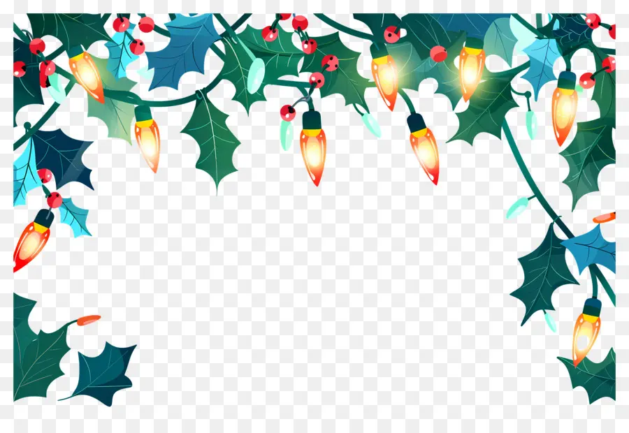 Fondo De Navidad，Marco Navideño Con Luces Brillantes Y Acebo PNG