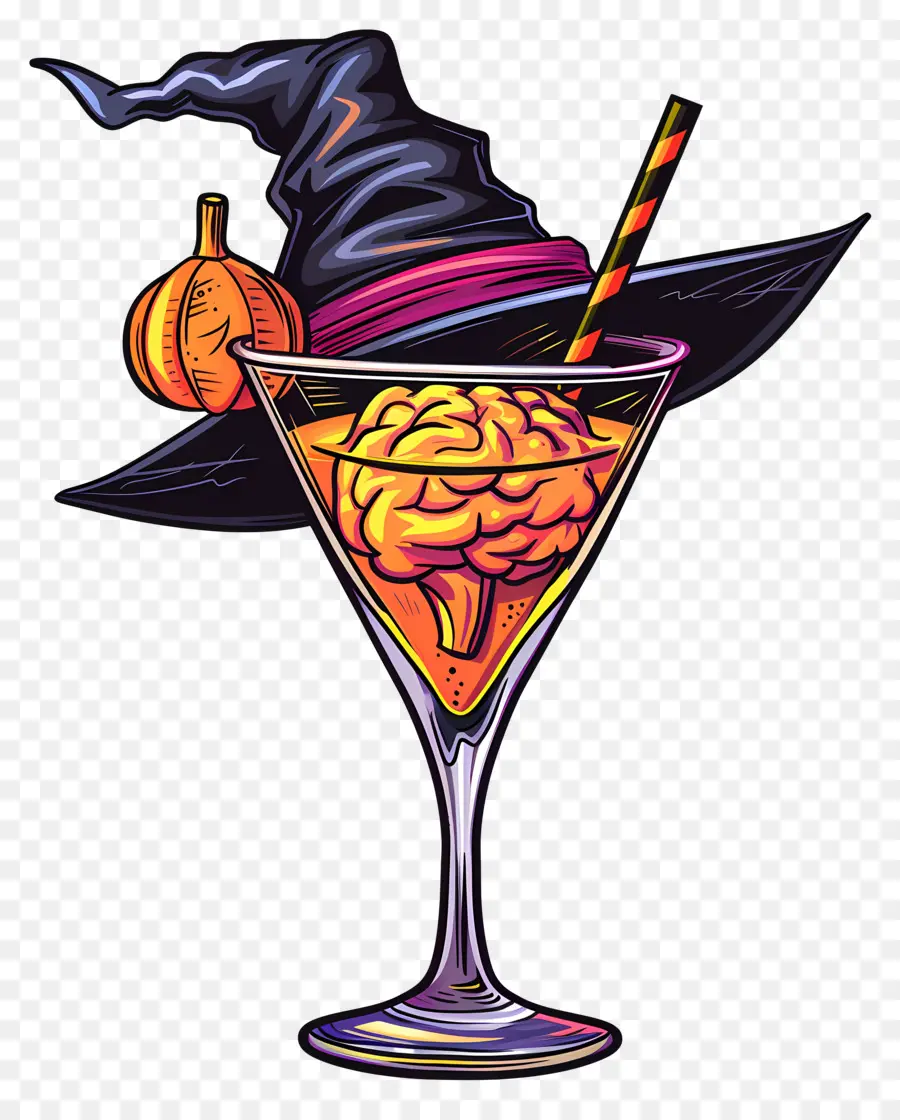 Cóctel De Halloween，Cerebro En Vidrio Con Sombrero De Bruja PNG