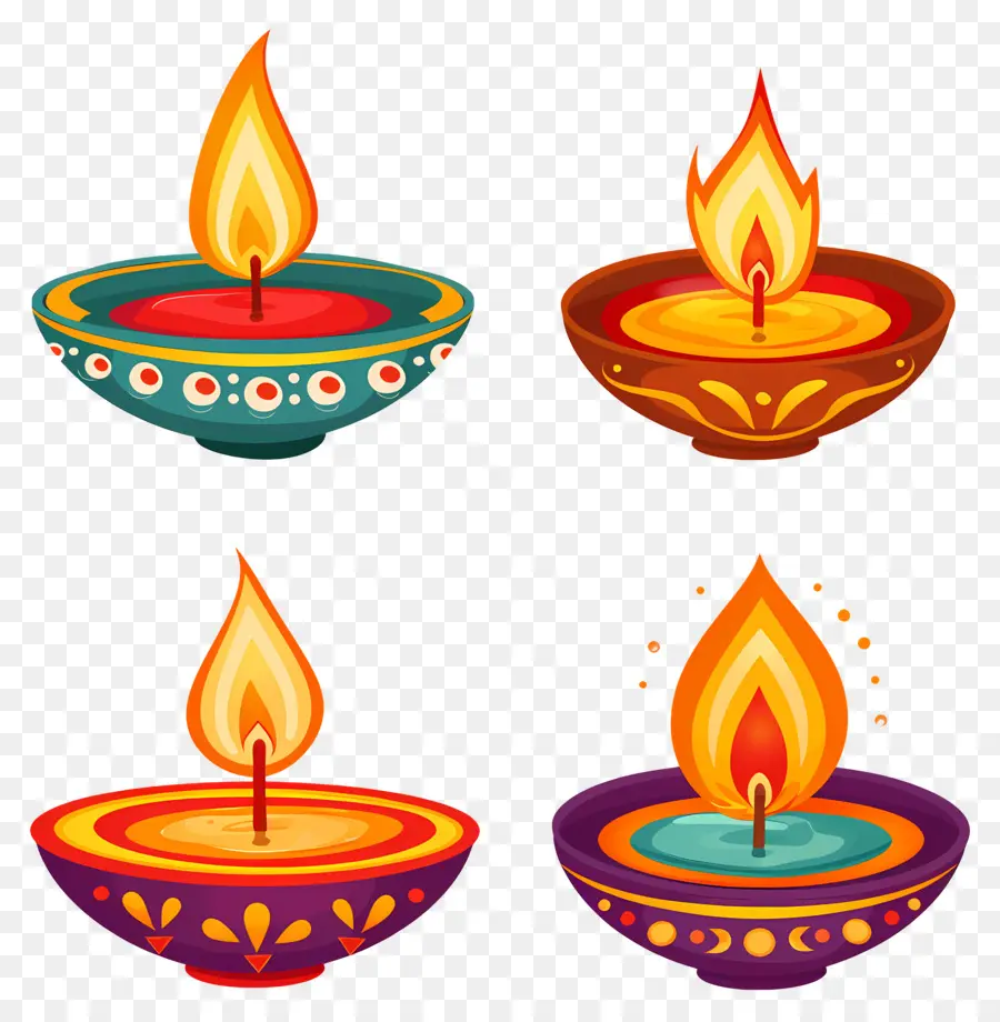 Vela Diwali，Diyas Coloridas PNG