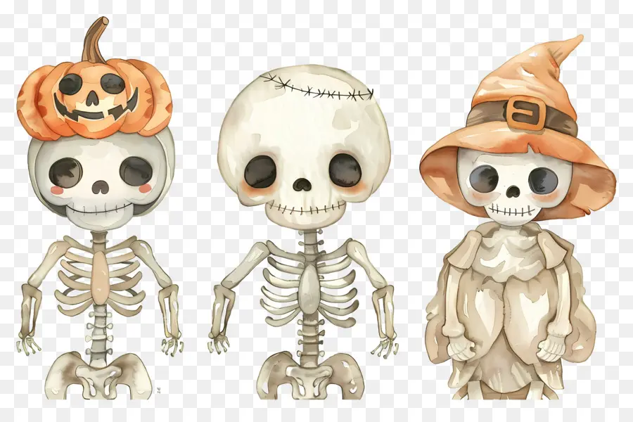 Esqueletos De Halloween，Esqueletos Con Sombreros De Bruja PNG