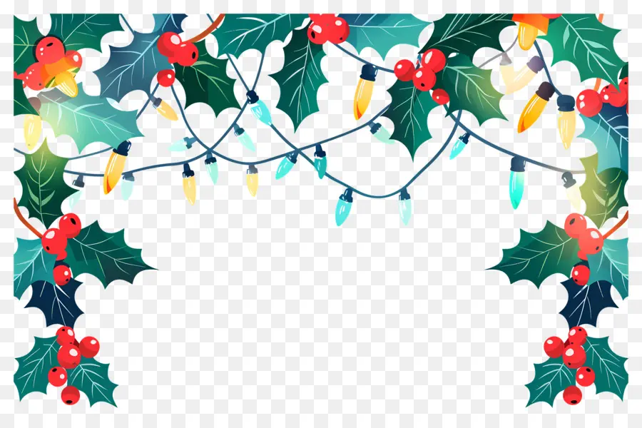 Fondo De Navidad，Luces Navideñas Y Guirnalda De Acebo PNG