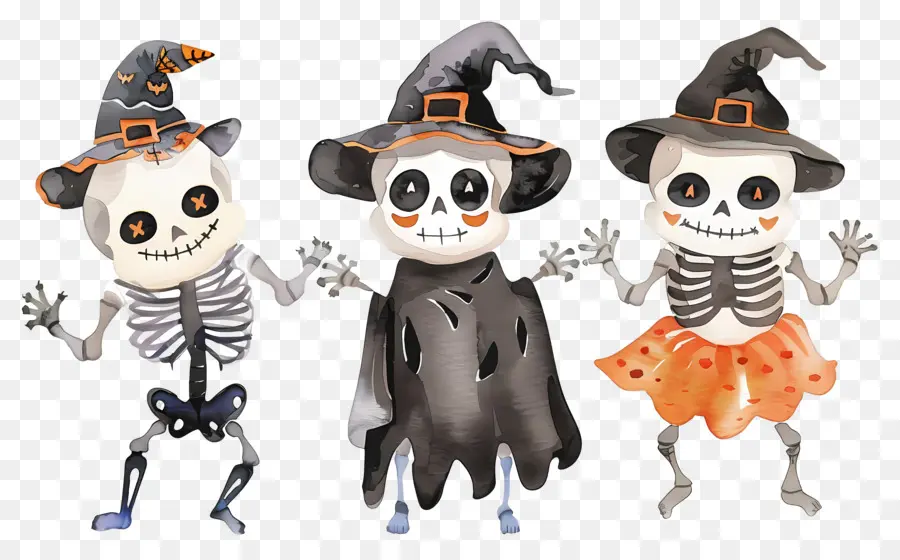 Esqueletos De Halloween，Esqueletos Con Sombreros De Bruja PNG