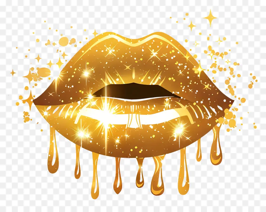 Beso Brillante，Labios Dorados Con Gotas PNG