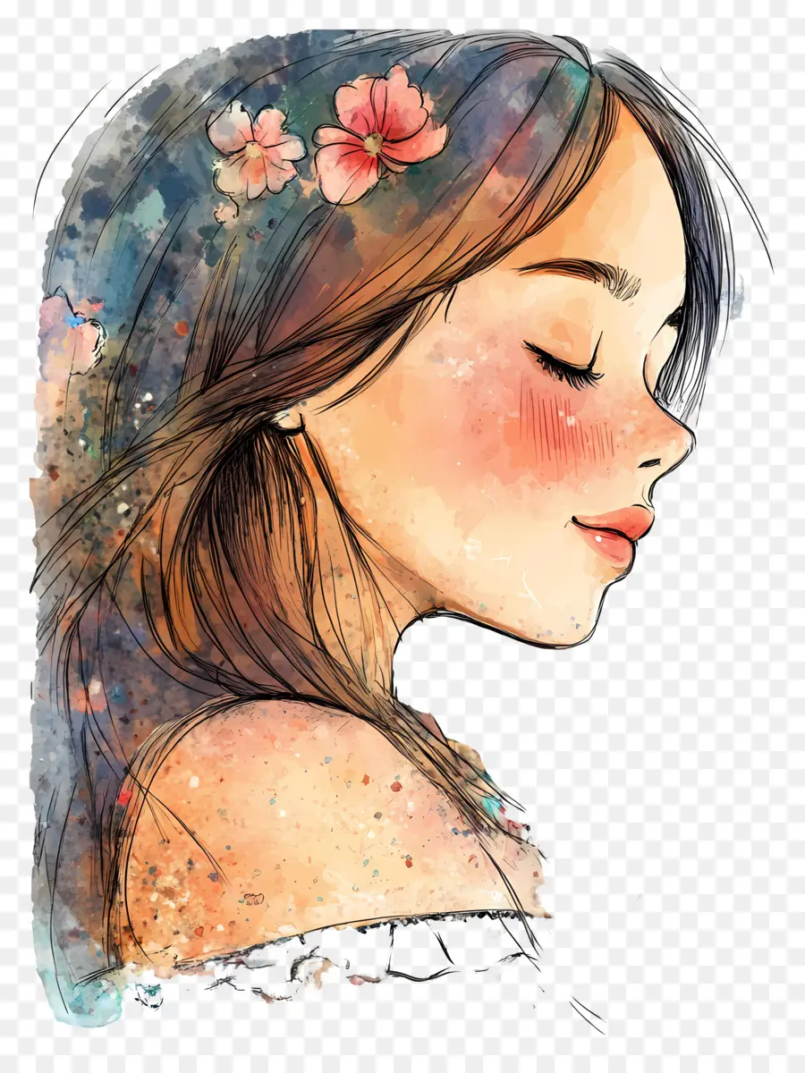 Hermosa Chica，Mujer Acuarela Con Flores PNG