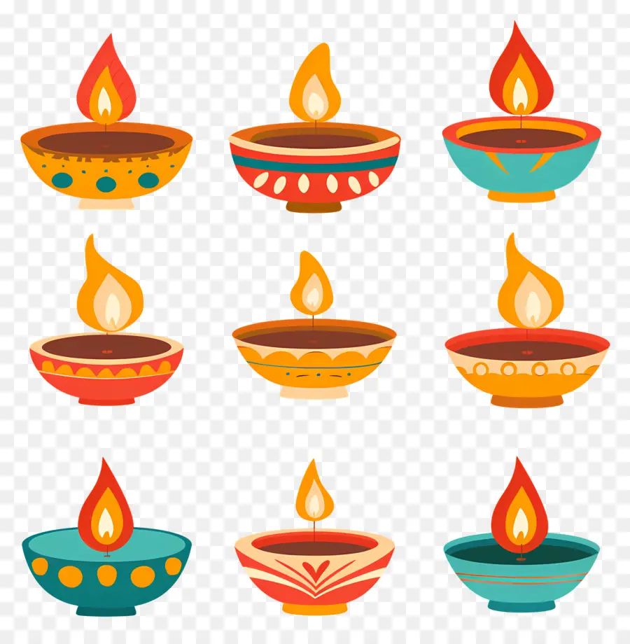 Vela Diwali，Diyas Coloridas PNG