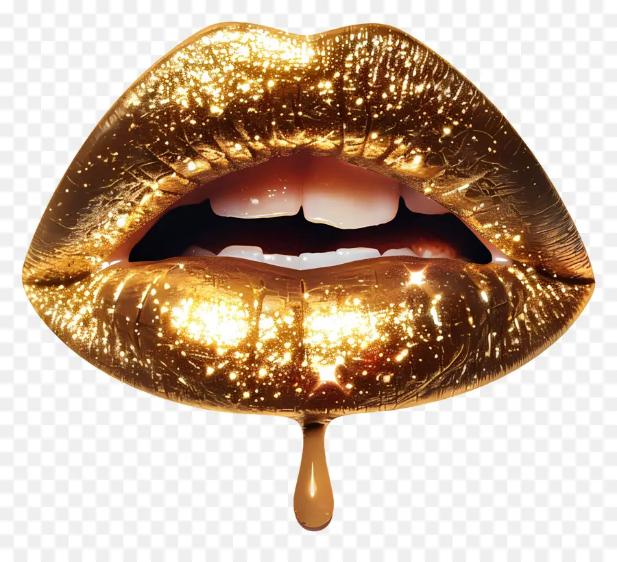 Beso Brillante，Labios Dorados Con Brillo PNG