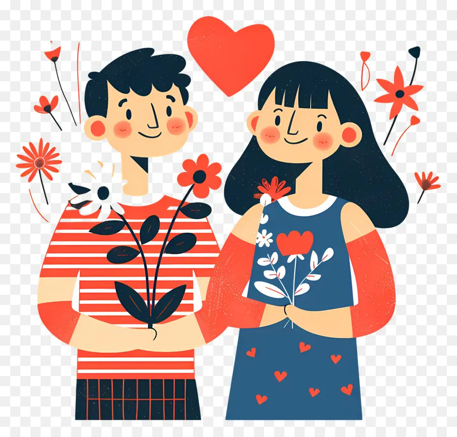 Pareja De Dibujos Animados，Pareja Con Flores PNG