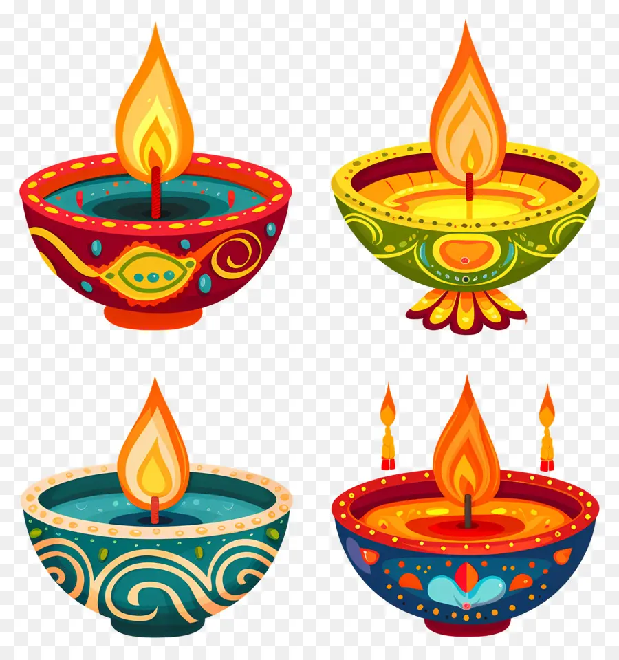 Vela Diwali，Diyas Coloridas PNG