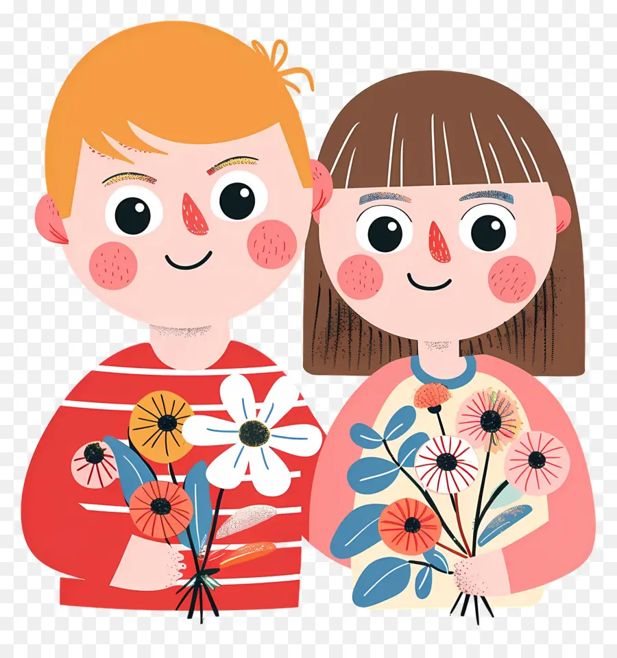 Pareja De Dibujos Animados，Niños Con Flores PNG