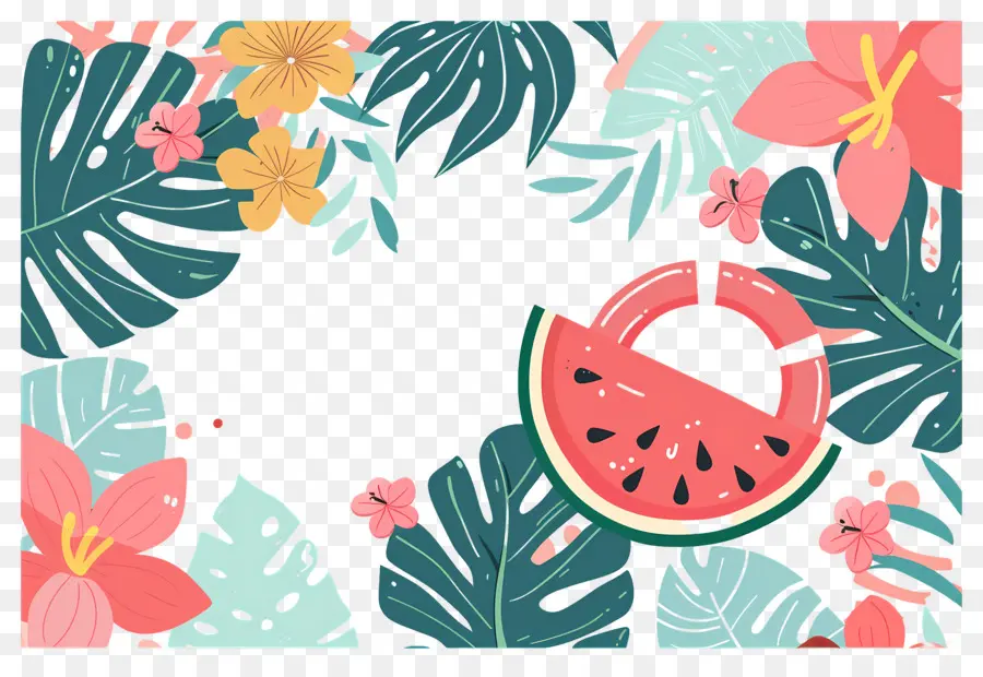 Fondo De Verano，Sandía Y Flores PNG