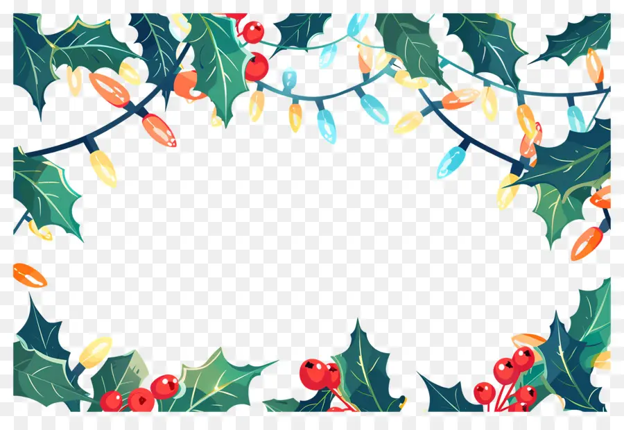 Fondo De Navidad，Marco Navideño Con Luces Brillantes Y Acebo PNG