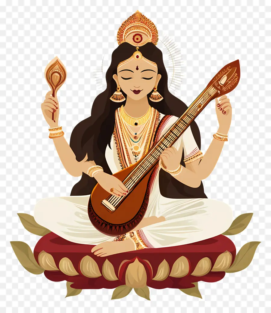 Saraswati，Diosa Con Instrumento Musical PNG