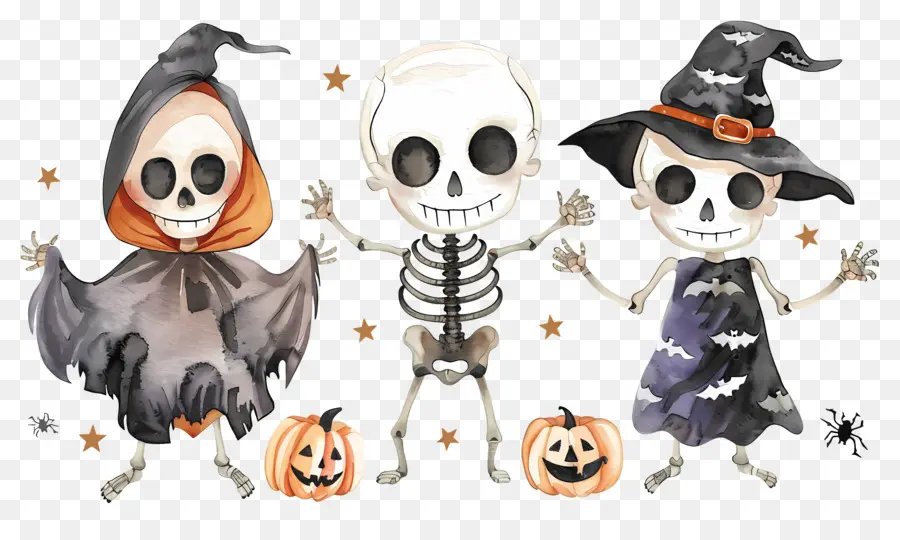 Esqueletos De Halloween，Esqueletos Con Sombreros De Bruja PNG