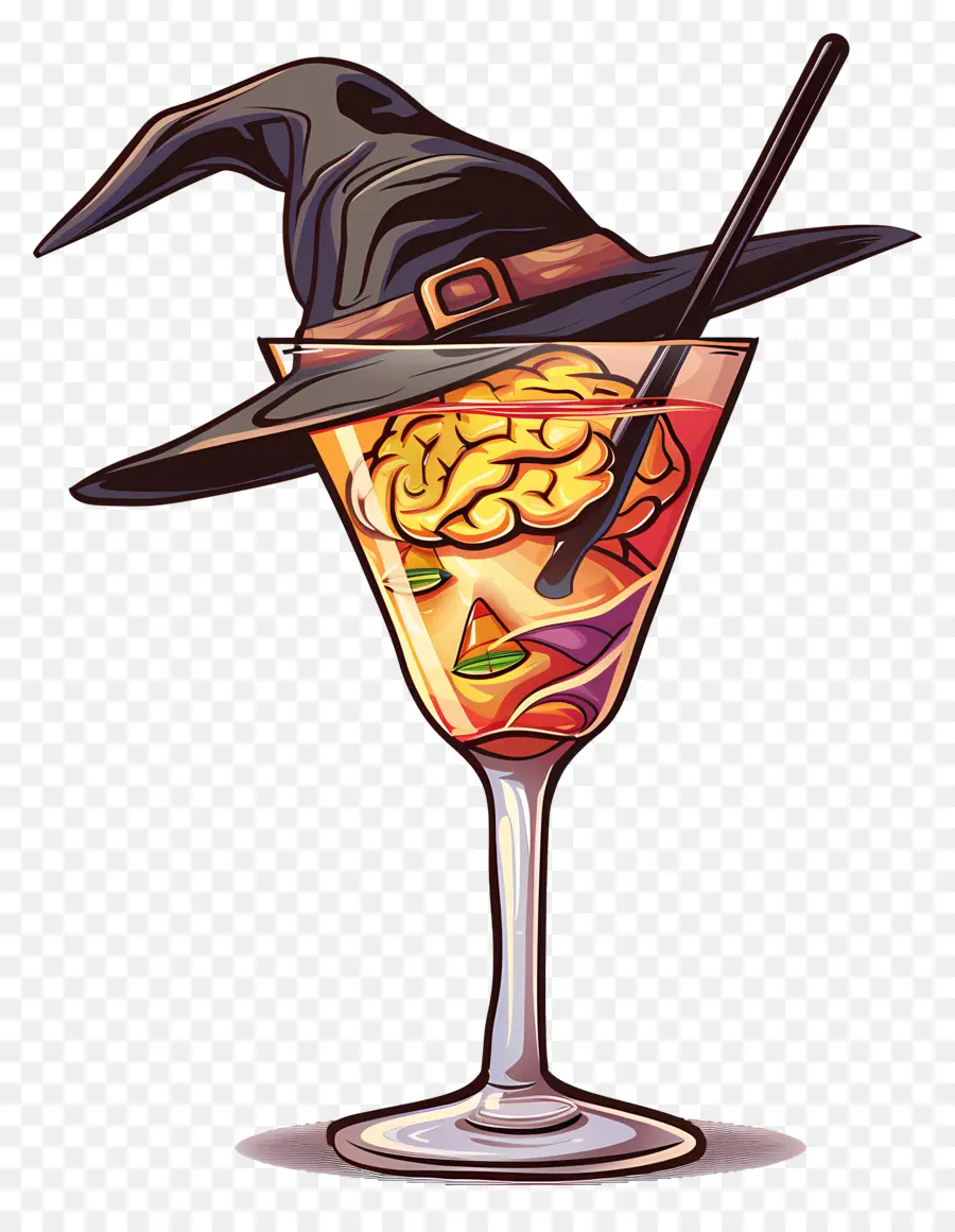 Cóctel De Halloween，Cerebro En Vidrio Con Sombrero De Bruja PNG