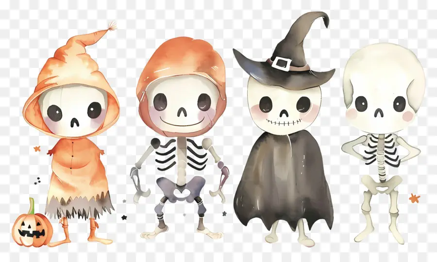 Esqueletos De Halloween，Esqueletos Con Sombreros De Bruja PNG