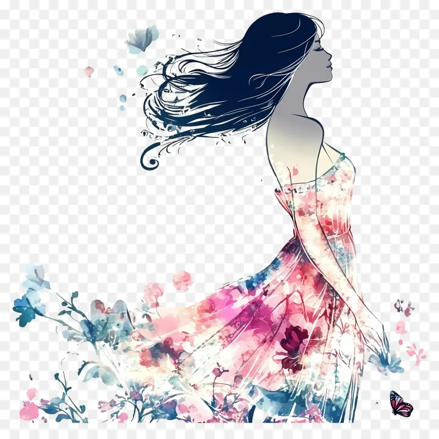 Hermosa Chica，Mujer Silueta Con Vestido Floral PNG