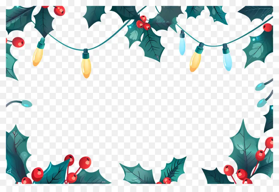 Fondo De Navidad，Marco Navideño Con Acebo Y Luces PNG