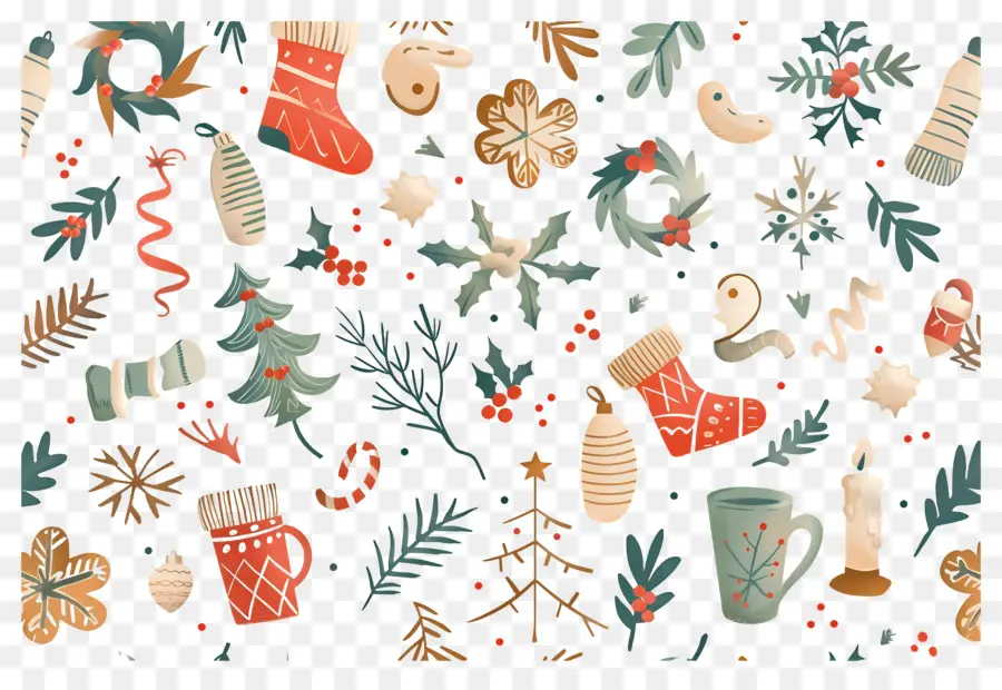 Fondo De Navidad，Patrón Navideño Con Adornos Y Medias PNG