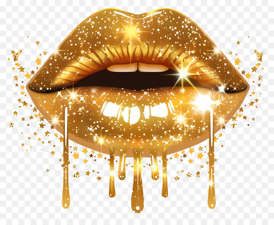 Beso Brillante，Labios Dorados Con Gotas PNG