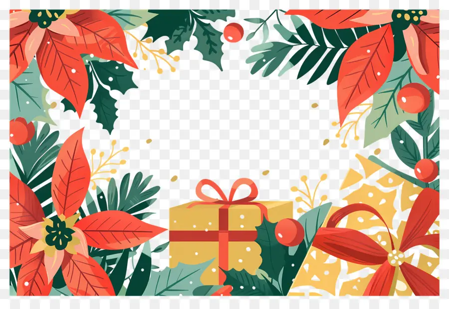 Fondo De Navidad，Marco Navideño Con Regalos Y Flores De Pascua PNG