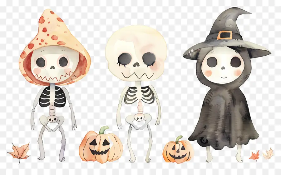 Esqueletos De Halloween，Esqueletos Con Sombreros De Bruja PNG